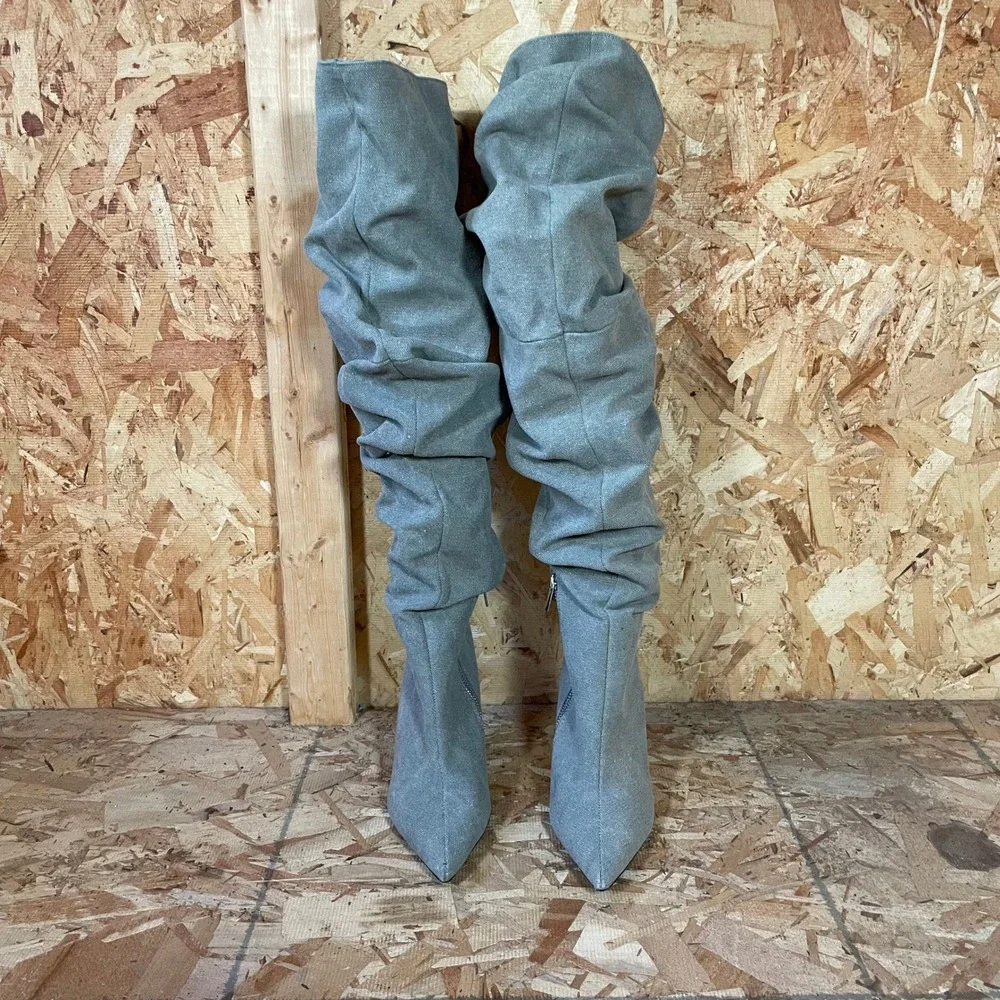 Zara Over The Knee Slouchy Boots Womens 38 Grey Canvas Pointed Toe Stiletto